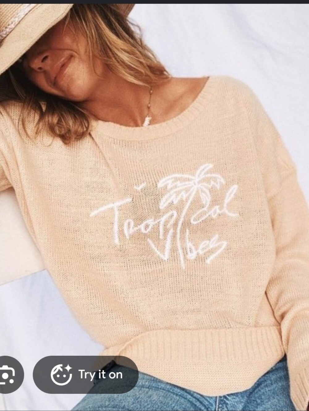 Beachly X Goldfish Kiss Beige Tropical Palm Embroidered Women's Sweater M